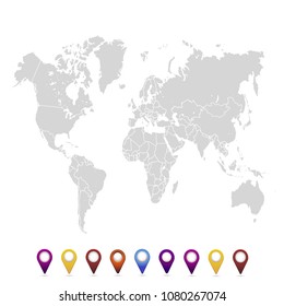 World map. set of color pointers