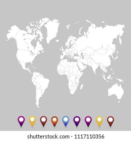 World map. set of color pointers