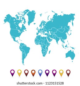 World map. set of color pointers