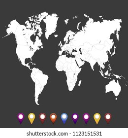 World map. set of color pointers