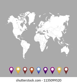 World map. set of color pointers