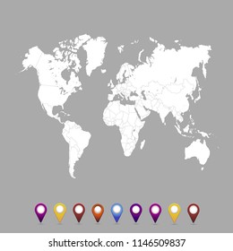 World map. set of color pointers