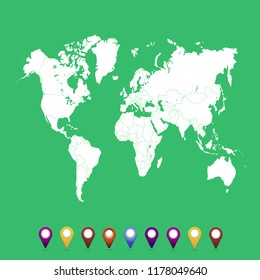World map. set of color pointers