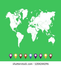 World map. set of color pointers