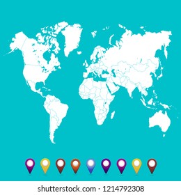 World map. set of color pointers