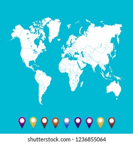 World map. set of color pointers