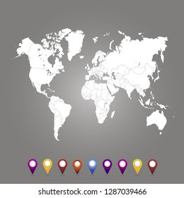 World map. set of color pointers