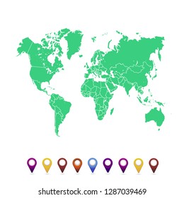 World map. set of color pointers