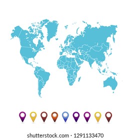 World map. set of color pointers