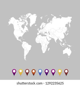 World map. set of color pointers