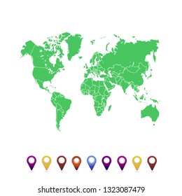 World map. set of color pointers