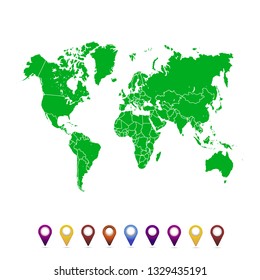 World map. set of color pointers