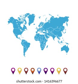 World map. set of color pointers