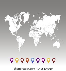 World map. set of color pointers