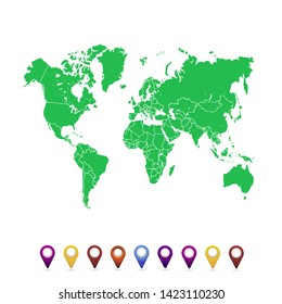 World map. set of color pointers