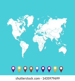 World map. set of color pointers