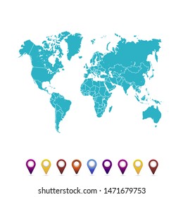 World map. set of color pointers