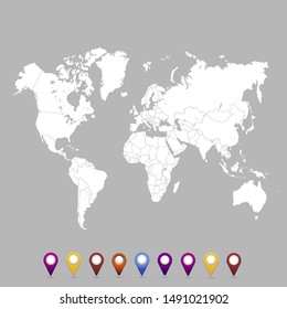 World map. set of color pointers