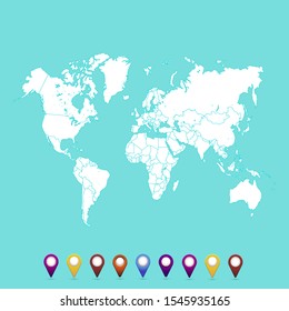 World map. Set of color pointers