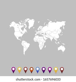 World map. set of color pointers