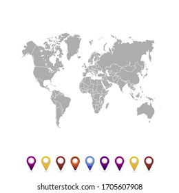 World map. set of color pointers