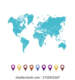 World map. set of color pointers