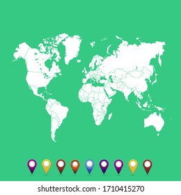 World map. set of color pointers