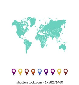 World map. set of color pointers