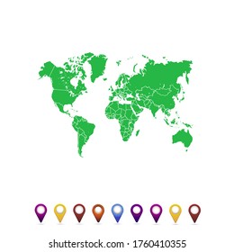 World map. set of color pointers