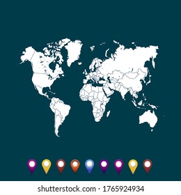 World map. set of color pointers