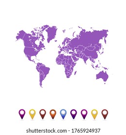 World map. set of color pointers