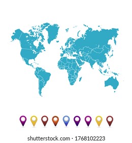 World map. set of color pointers
