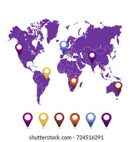 World map. set of color pointers