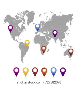 World map. set of color pointers