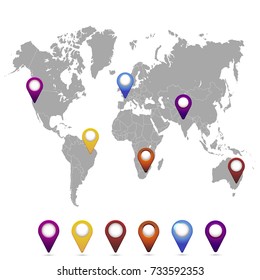 World map. set of color pointers