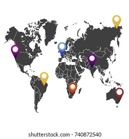 World map. set of color pointers