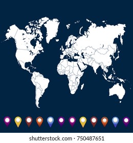 World map. set of color pointers