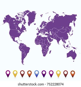 World map. set of color pointers