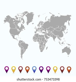 World map. set of color pointers