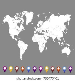 World map. set of color pointers