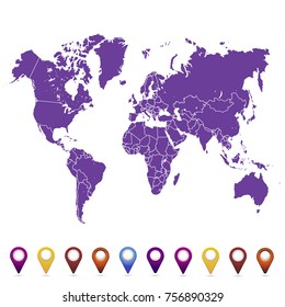 World map. set of color pointers