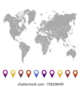 World map. set of color pointers