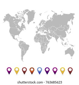 World map. set of color pointers