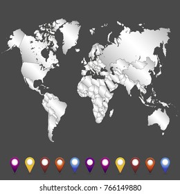 World map. set of color pointers