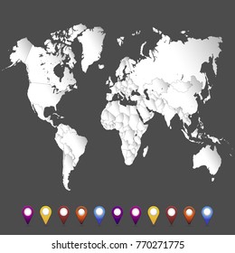World map. set of color pointers