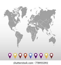 World map. set of color pointers