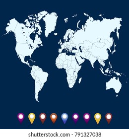 World map. set of color pointers