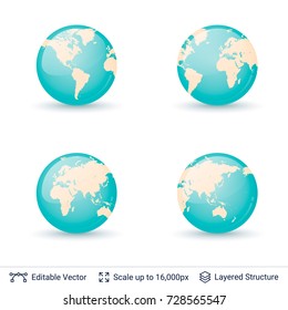 World map set. Earth globe with continents shapes. Vector symbols collection.