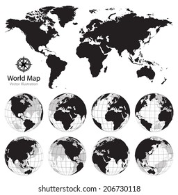 World map with set of earth globes. Vector illustration