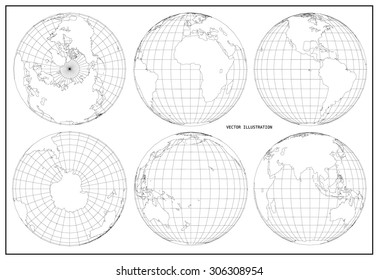 World map with set of earth globes. Vector illustration